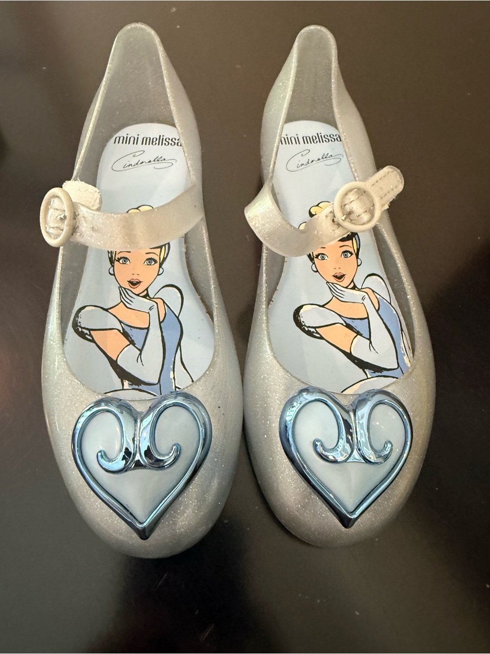 Mini Melissa Silver Glitter Mary Jane with Blue Heart Accent size 12